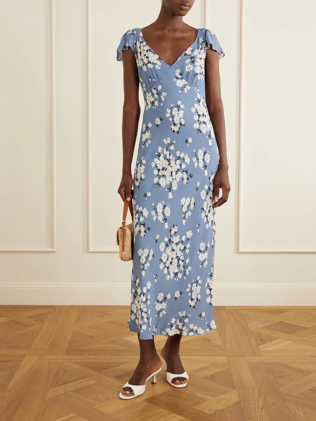 Image of Dresses. Product name - Cathy Floral-print Crepe Midi Dress in Blue colour by brand - RIXO