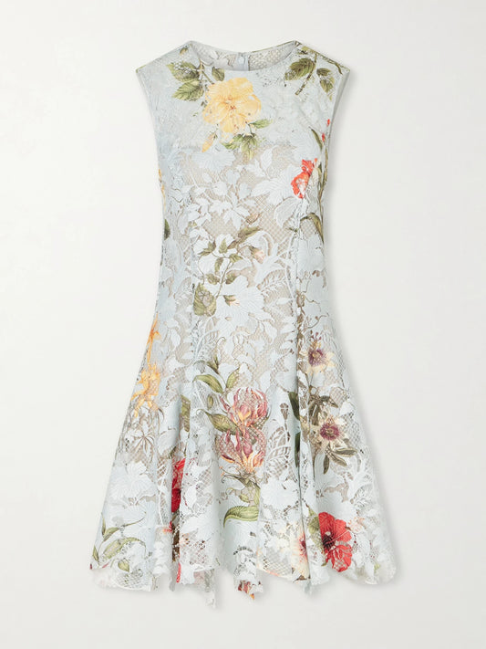 Image of Dresses. Product name - Floral-print Lace Mini Dress in Light blue colour by brand - Oscar de la Renta