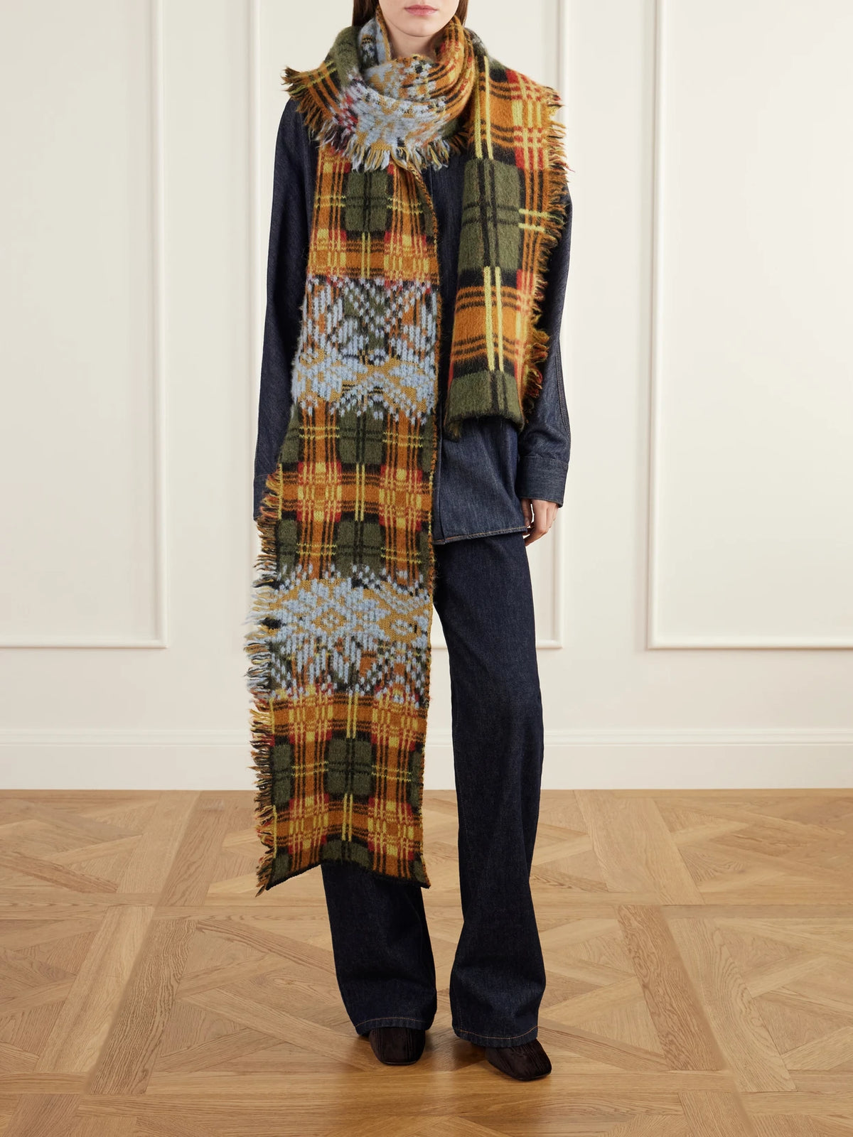 Image of Scarves & Shawls. Product name - Fringe-trimmed Checked Brushed Wool-blend Scarf in Forest green, Blue colour by brand - Dries Van Noten