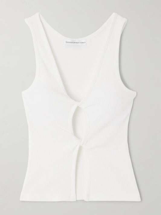 Image of a model wearing Tops. Product name - Cutout Twist-front Ribbed-knit Tank in White colour by brand - Christopher Esber