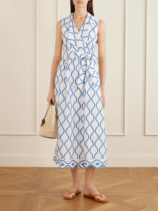 Image of Dresses. Product name - Noemie Double-breasted Striped Cotton-poplin Midi Dress in Blue colour by brand - Loretta Caponi