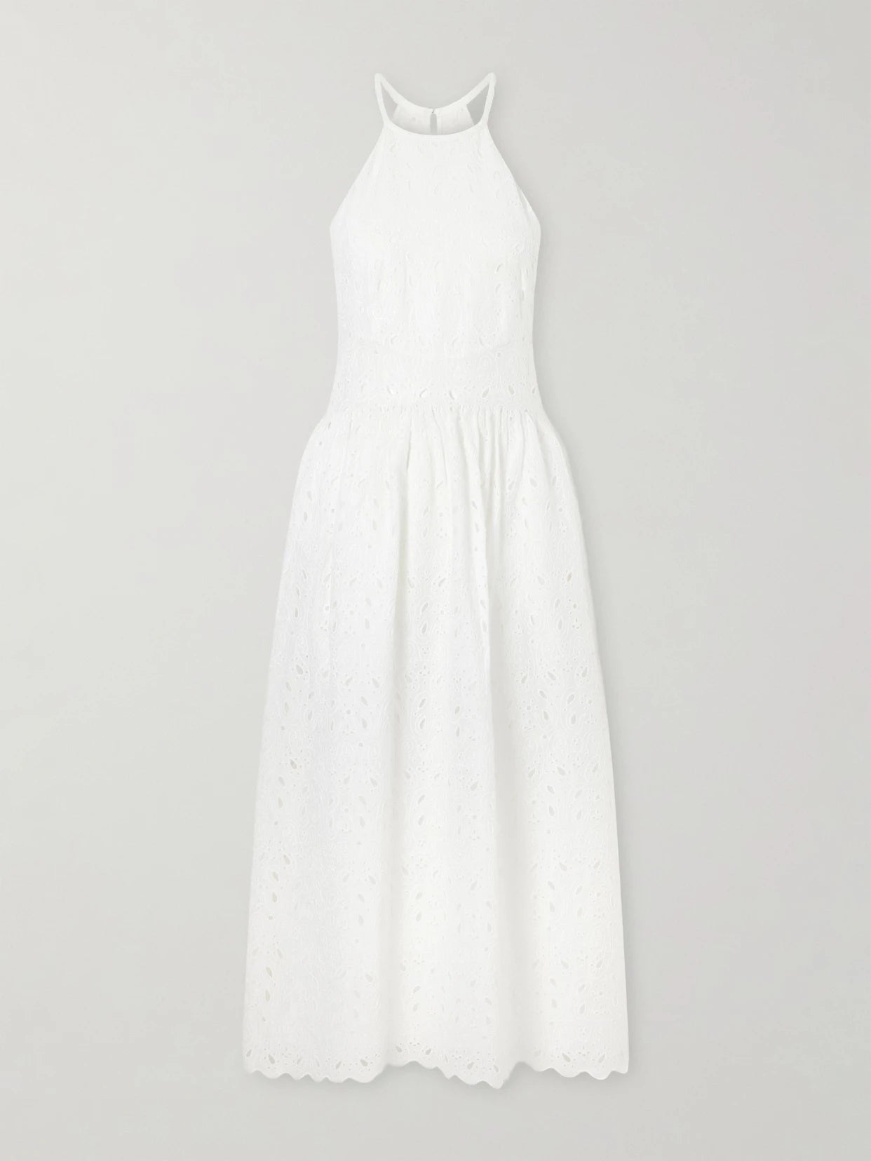 Scalloped Broderie Anglaise Ramie Halterneck Midi Dress