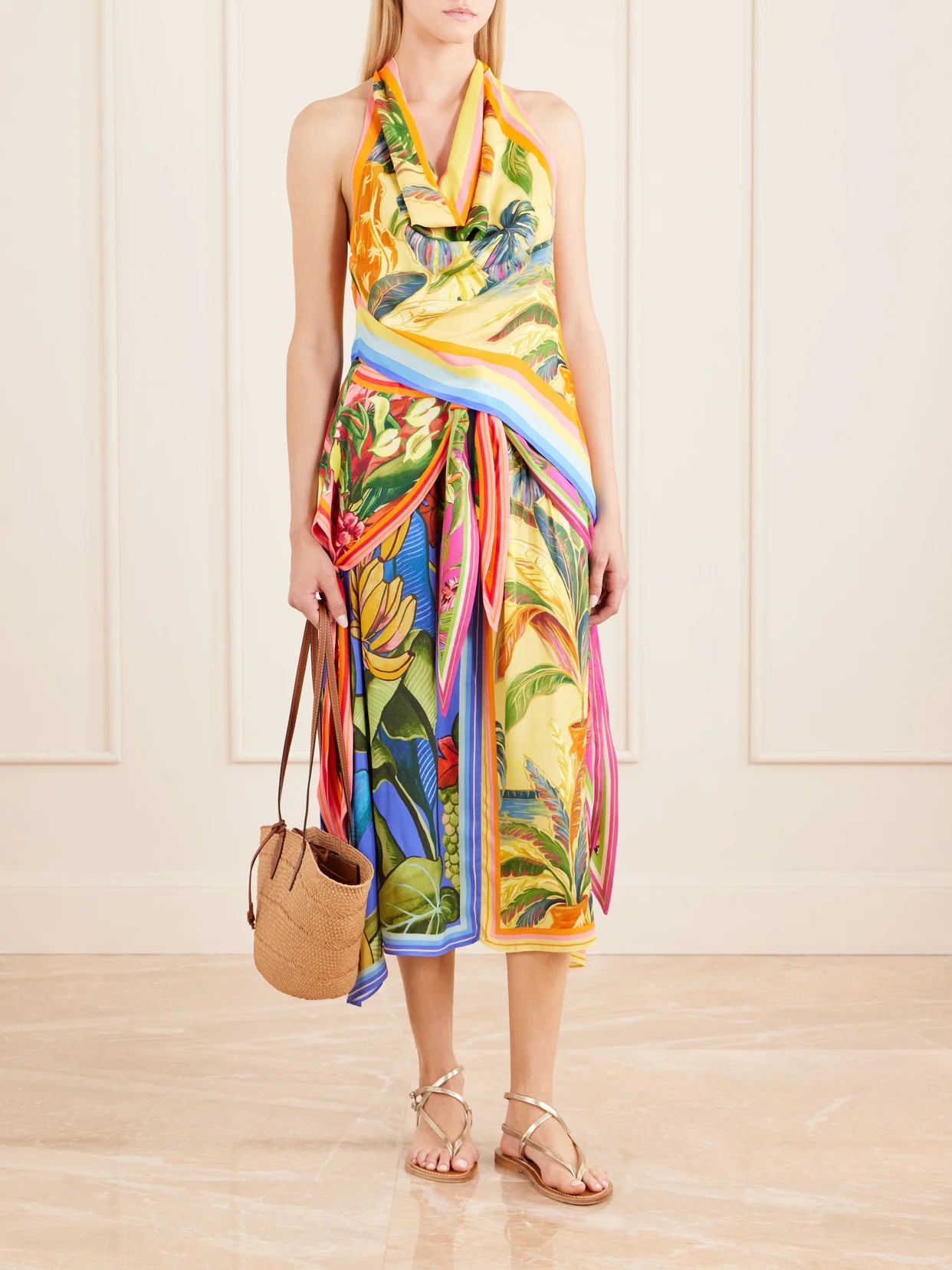 Image of a model wearing Tops. Product name - Rainbow Summer Floral-print Satin Top in Yellow colour by brand - Farm Rio