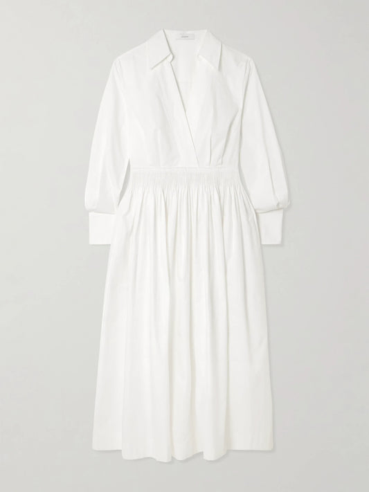 Image of Dresses. Product name - Kathe Gathered Cotton-poplin Midi Dress in White colour by brand - Joseph