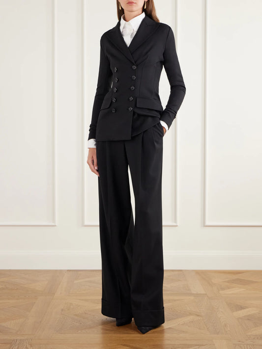 Image of a model wearing Pants. Product name - Wool Mid-rise Straight-leg Pants in Black colour by brand - Dolce & Gabbana