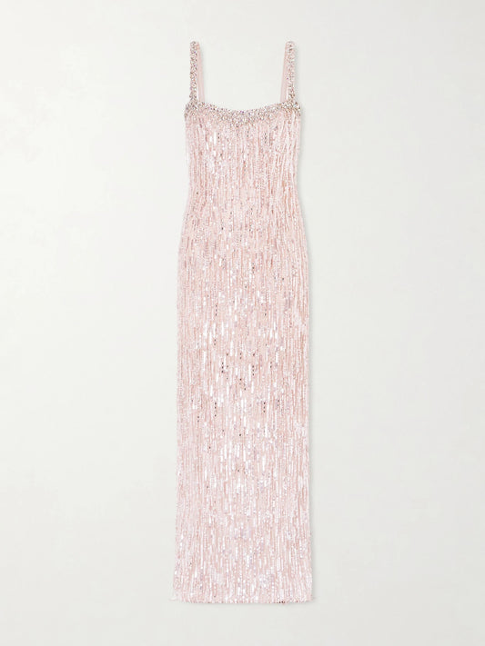 Image of Dresses. Product name - Fleur Crystal-embellished Sequined Tulle Gown in Pink colour by brand - Jenny Packham
