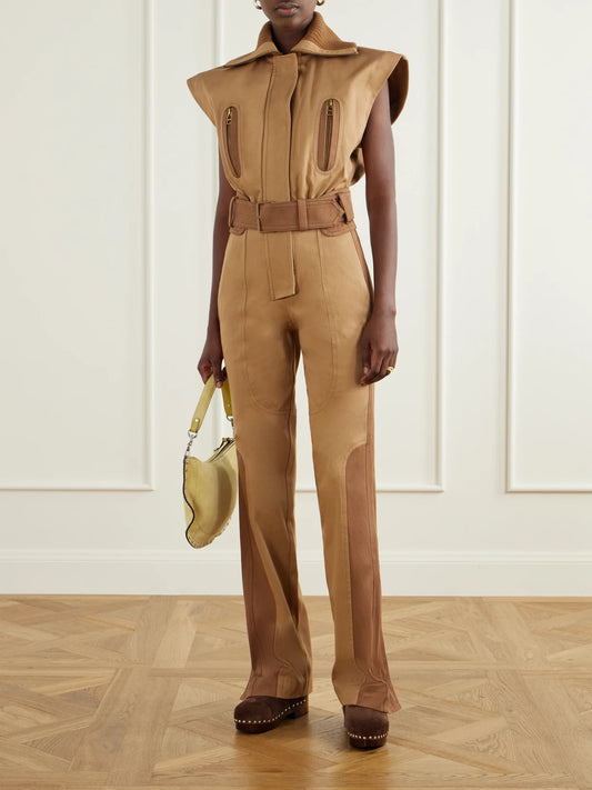 Image of Bodysuits. Product name - Valiant Belted Rib-trimmed Cotton-drill Jumpsuit in Brown colour by brand - Zimmermann