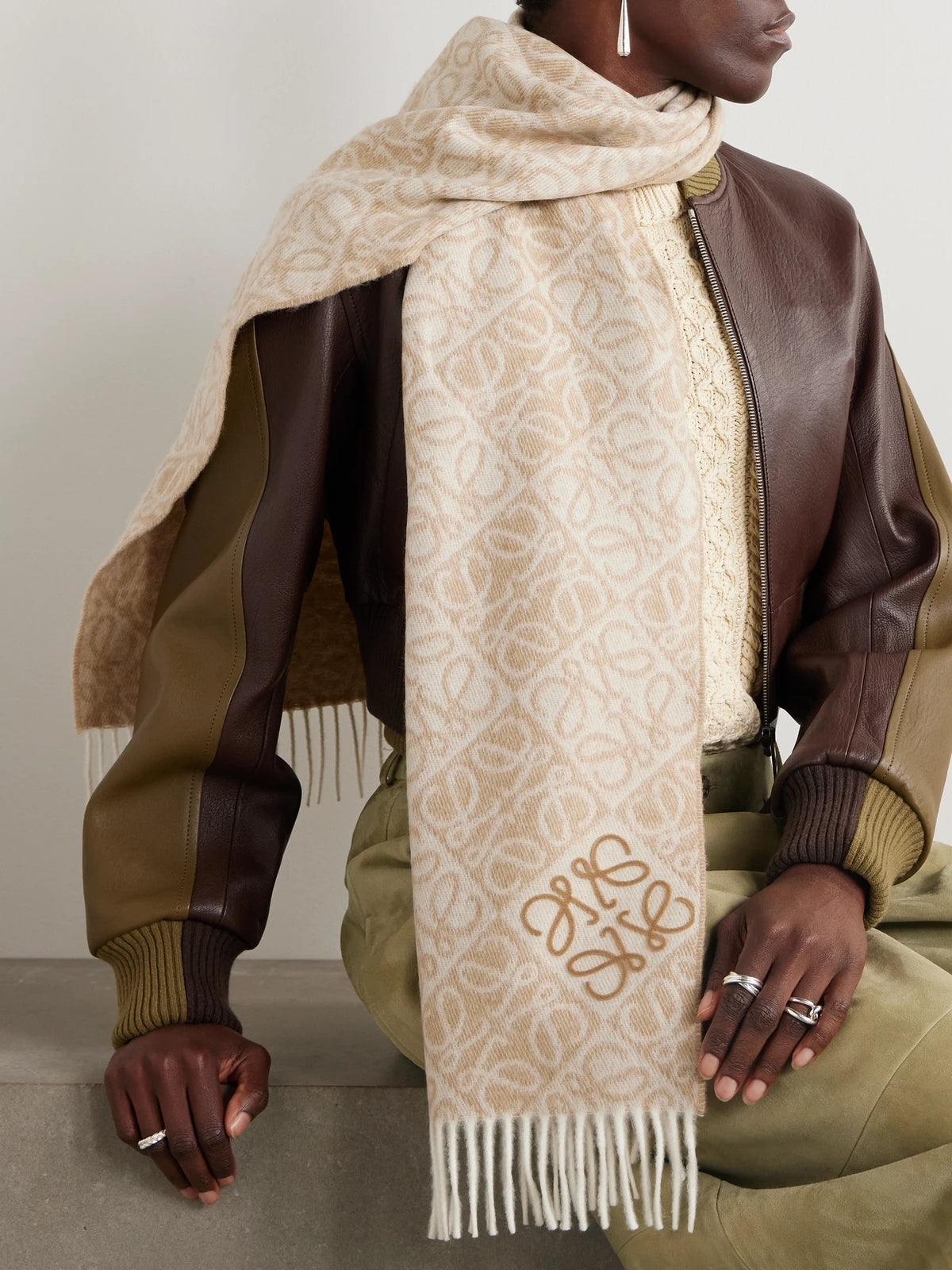 Image of Scarves & Shawls. Product name - Fringed Wool And Cashmere-blend Jacquard Scarf in Beige colour by brand - LOEWE