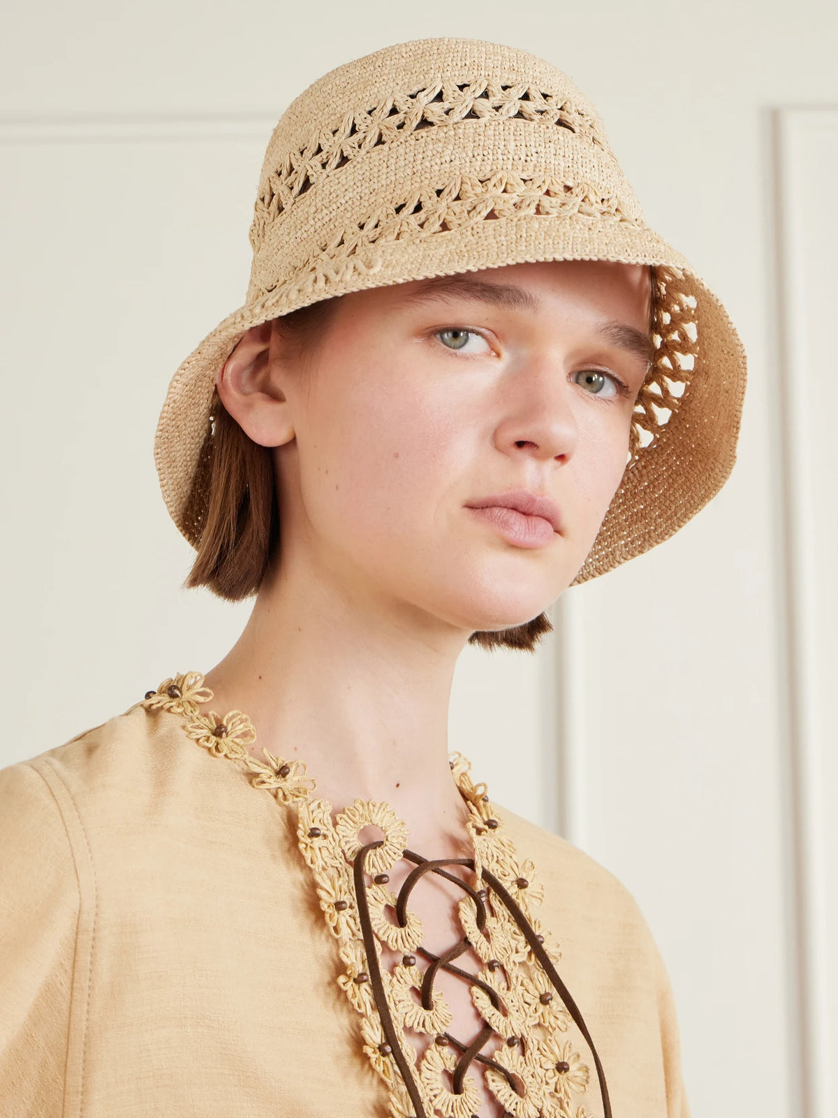 Image of Hats. Product name - Raffia Bucket Hat in Neutral colour by brand - Zimmermann