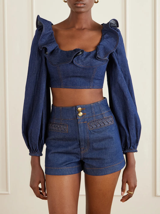 Aster Cotton-denim Frill Top