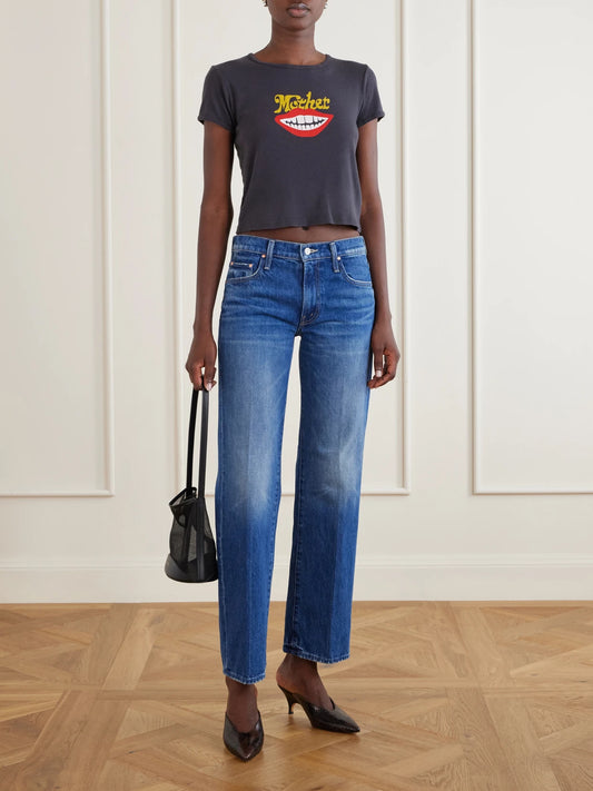 Image of Jeans. Product name - The Mid Rise Rambler Skimp Straight-leg Jeans in Dark denim colour by brand - Mother