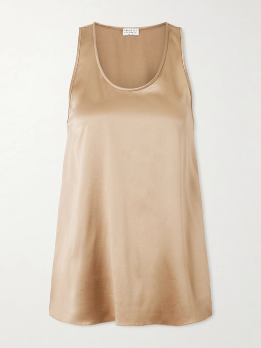 Image of a model wearing Tops. Product name - Silk-blend Satin Top in Brown colour by brand - Brunello Cucinelli