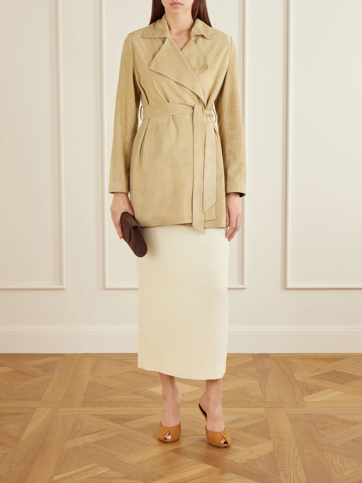 Image of Coats & Jackets. Product name - Kerry Belted Suede Jacket in Sand colour by brand - Nour Hammour