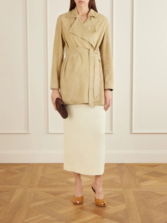 Image of Coats & Jackets. Product name - Kerry Belted Suede Jacket in Sand colour by brand - Nour Hammour