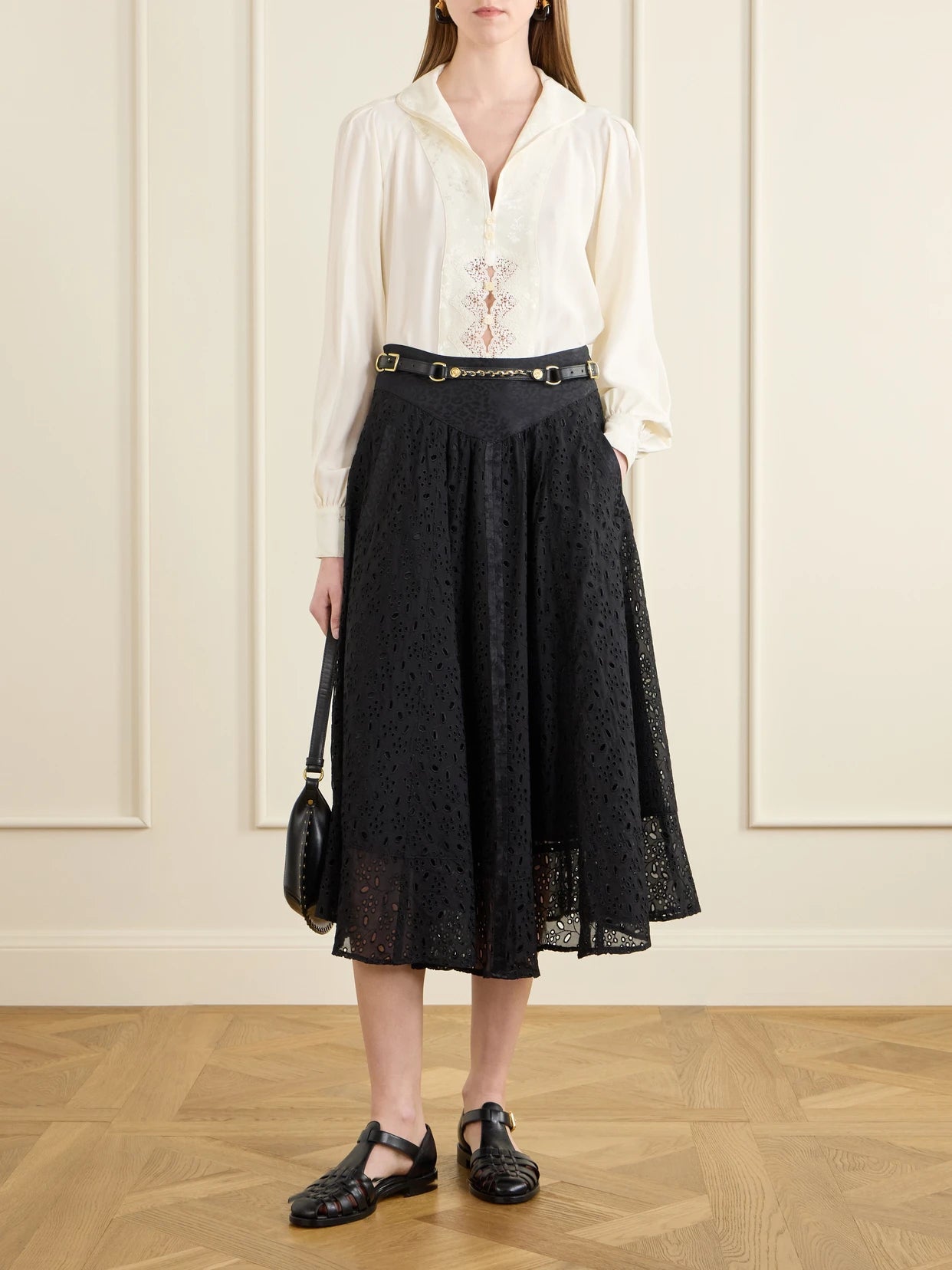 Image of a model wearing Tops. Product name - Lula Lace-trimmed Silk Blouse in Ivory colour by brand - MAISON MAYLE