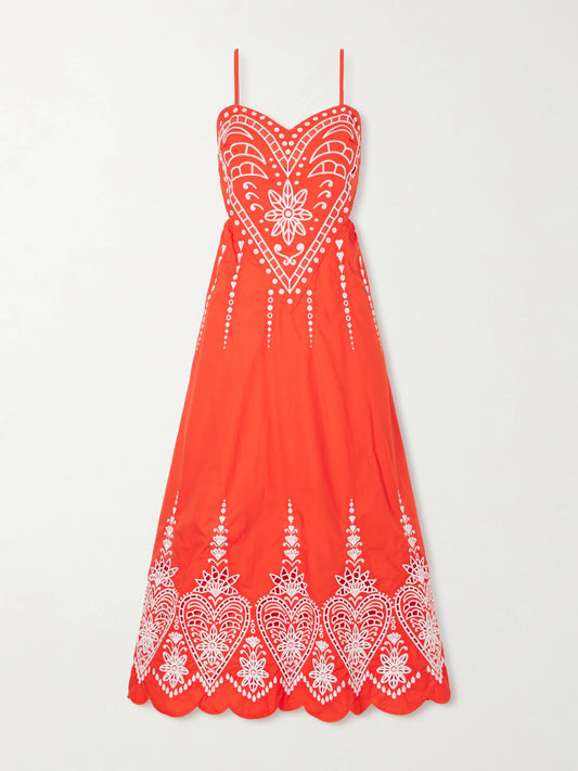 Image of Dresses. Product name - Heart Broderie Anglaise Cotton Midi Dress in Red colour by brand - Farm Rio