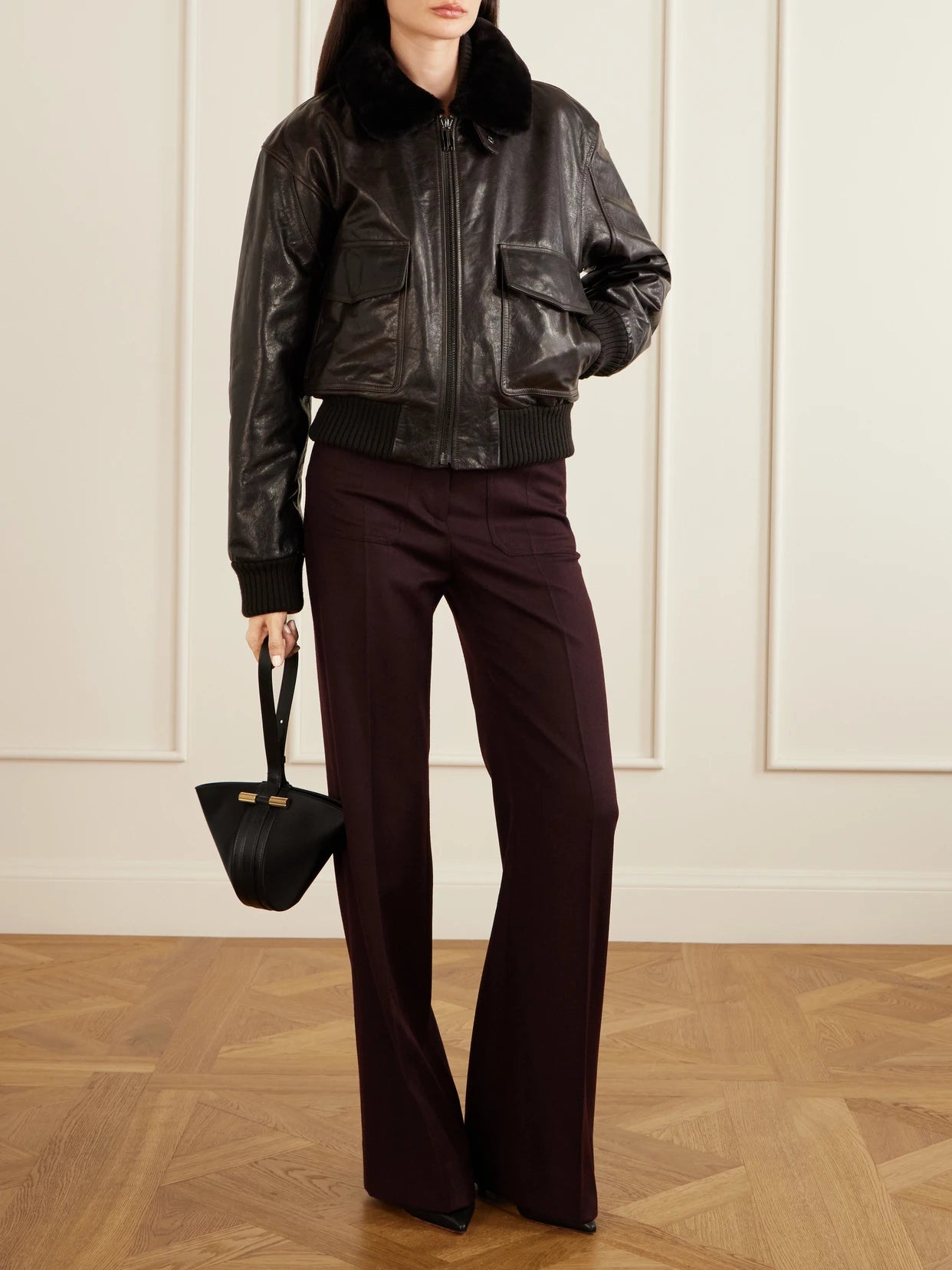 Image of Coats & Jackets. Product name - Aviator Shearling-trimmed Leather Jacket in Dark brown colour by brand - Victoria Beckham