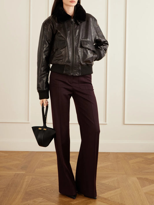 Image of Coats & Jackets. Product name - Aviator Shearling-trimmed Leather Jacket in Dark brown colour by brand - Victoria Beckham