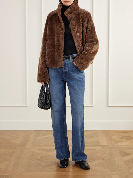 Image of Coats & Jackets. Product name - Ariana Reversible Shearling And Leather Jacket in Brown colour by brand - ARMA
