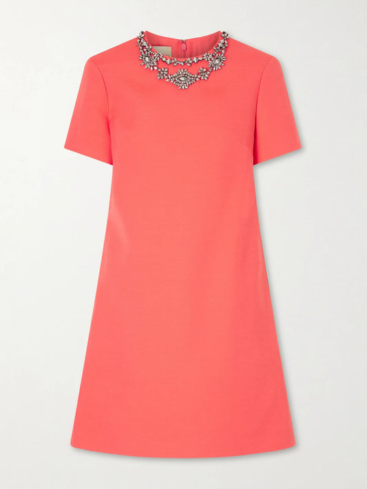 Image of Dresses. Product name - Crystal-embellished Wool And Silk-blend Crepe Mini Dress in Coral colour by brand - Valentino Garavani