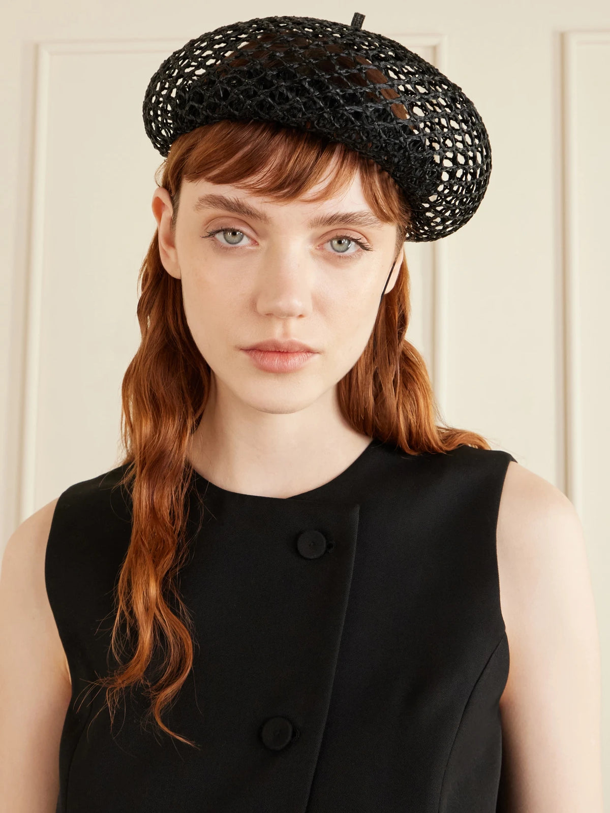 Image of Hats. Product name - Coco Open-knit Straw Hat in Black colour by brand - Gigi Burris