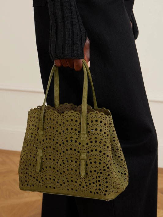 Image of Bags. Product name - Mina Cut-out Suede Tote in Army green colour by brand - Alaïa