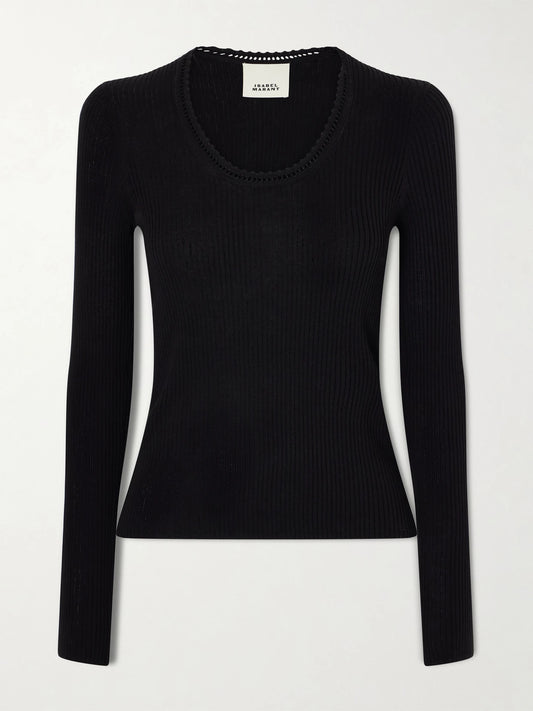 Image of a model wearing Outerwear. Product name - Selenie Scalloped Ribbed Silk And Cotton-blend Sweater in Black colour by brand - ISABEL MARANT