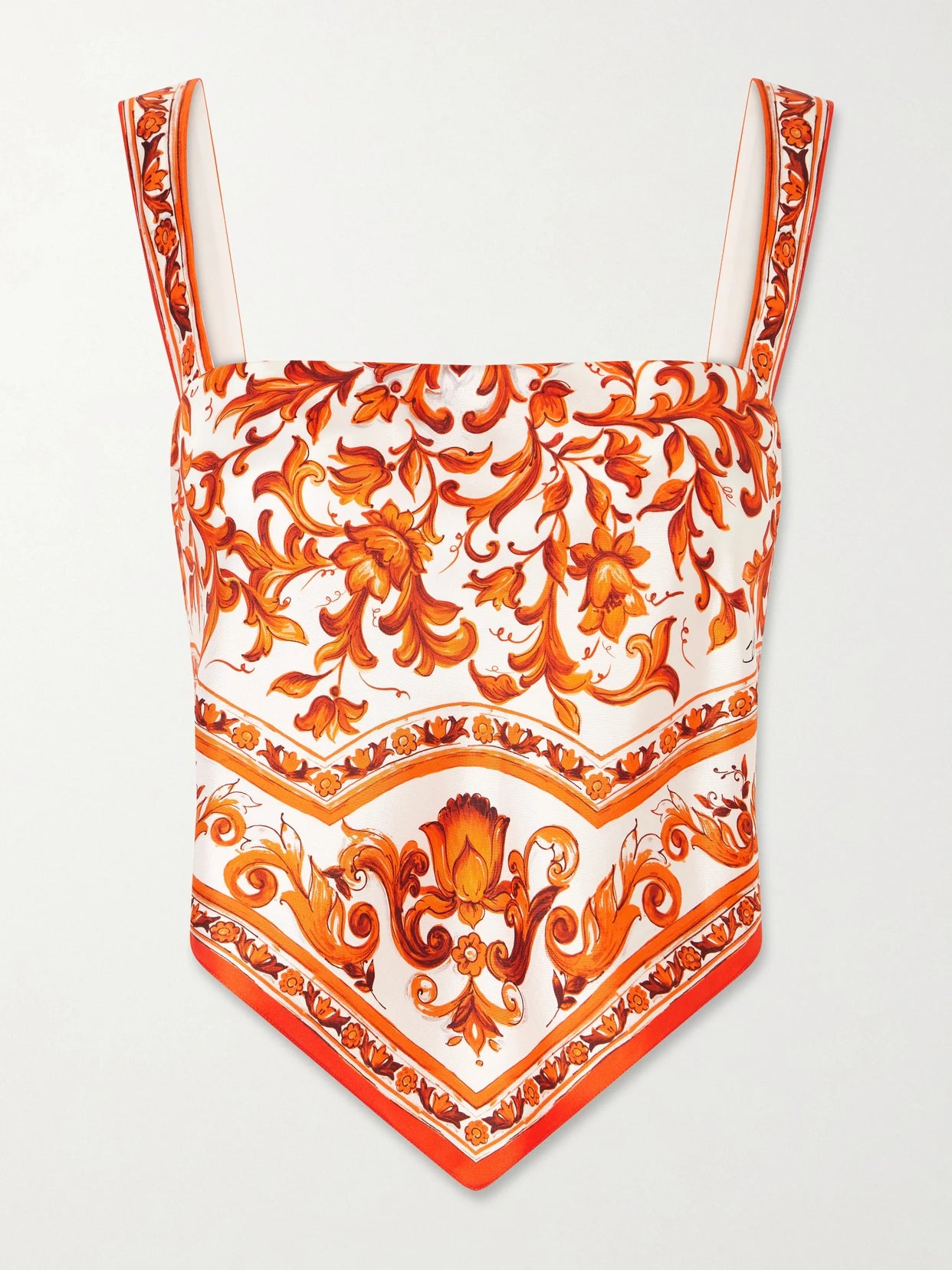 Image of a model wearing Tops. Product name - Printed Silk Top in Orange colour by brand - Dolce & Gabbana