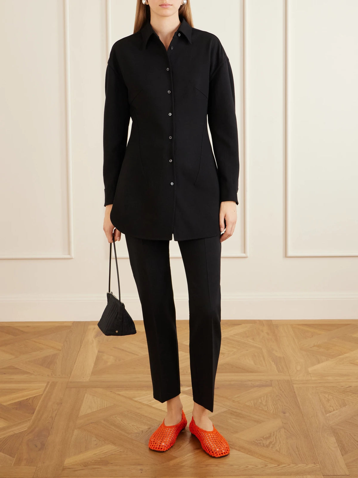 Image of a model wearing Pants. Product name - Acino Wool-blend Mid-rise Slim-leg Pants in Black, Brown colour by brand - Max Mara