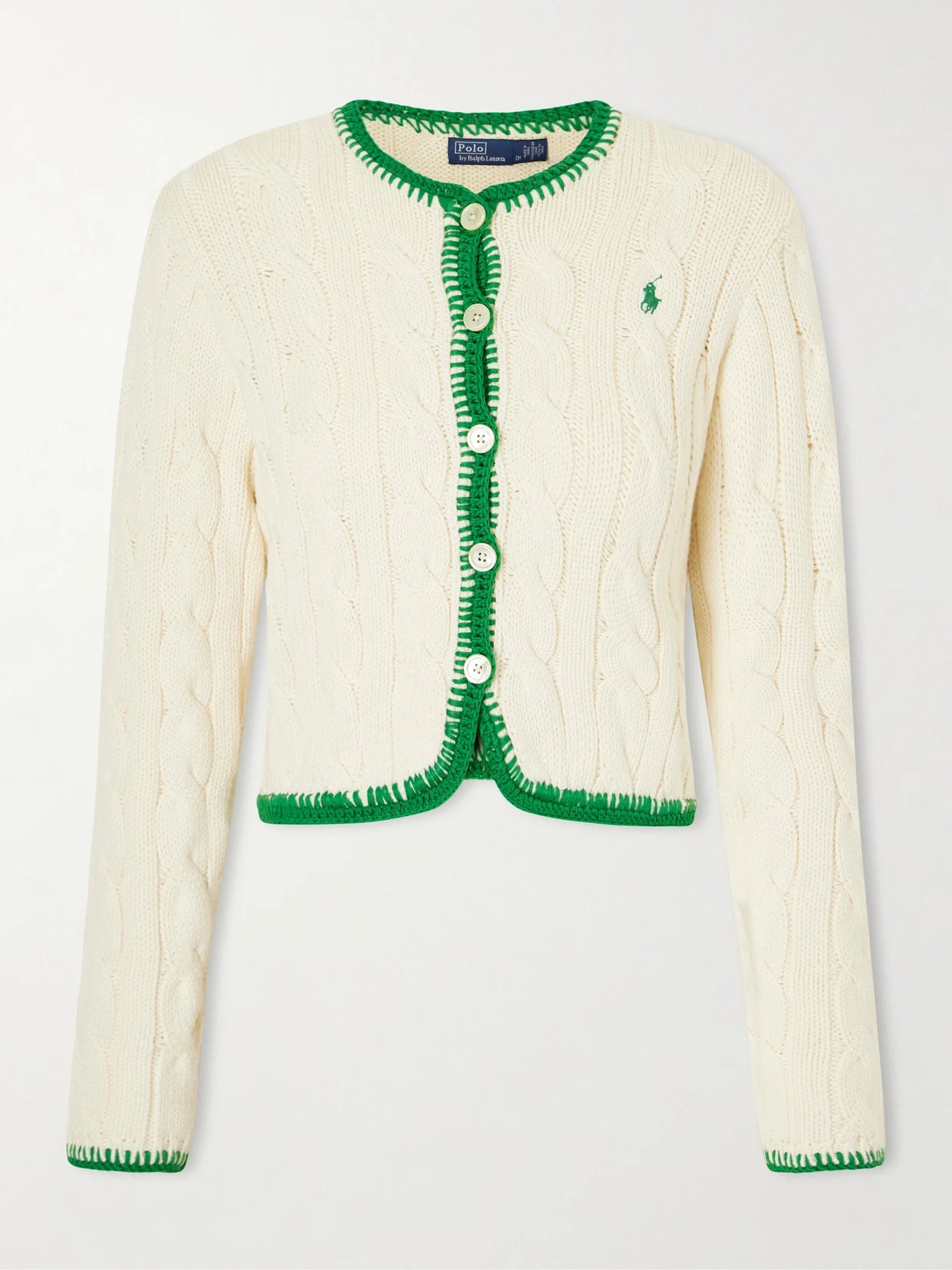 Image of a model wearing Outerwear. Product name - Ebroidered Cable-knit Cotton-blend Cardigan in Cream colour by brand - Polo Ralph Lauren