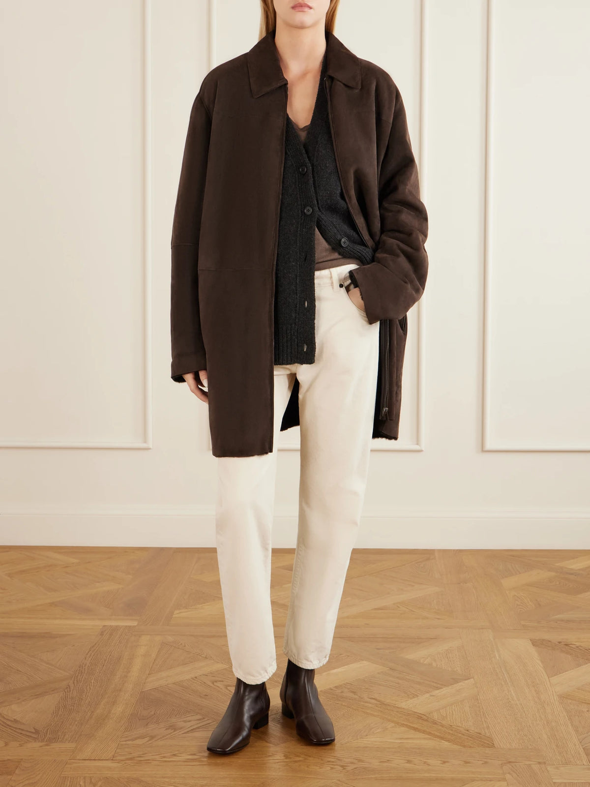 Image of Boots. Product name - Cindy Leather Ankle Boots in Chocolate, Black colour by brand - The Row