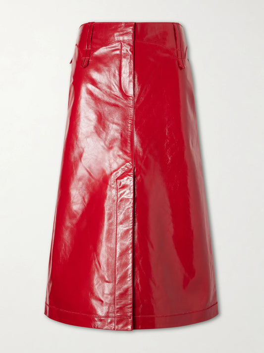Image of a model wearing Skirts. Product name - Leather Midi Skirt in Unknown colour by brand - Tory Burch
