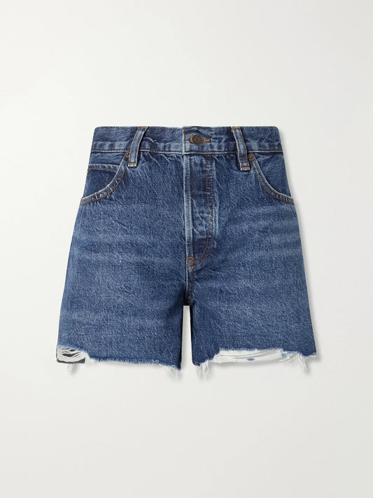 Image of a model wearing Shorts. Product name - Mid Rise Denim Shorts in Blue colour by brand - FRAME