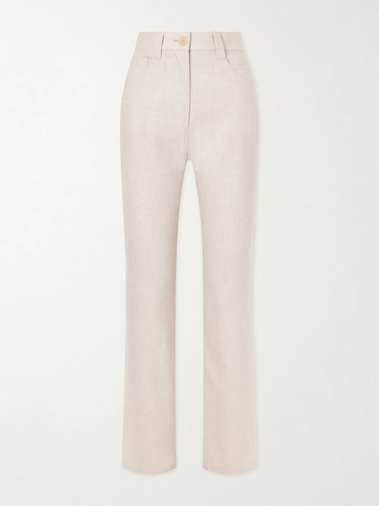 Image of a model wearing Pants. Product name - Callum Stretch Wool And Cashmere-blend Straight-leg Pants in Beige colour by brand - KHAITE