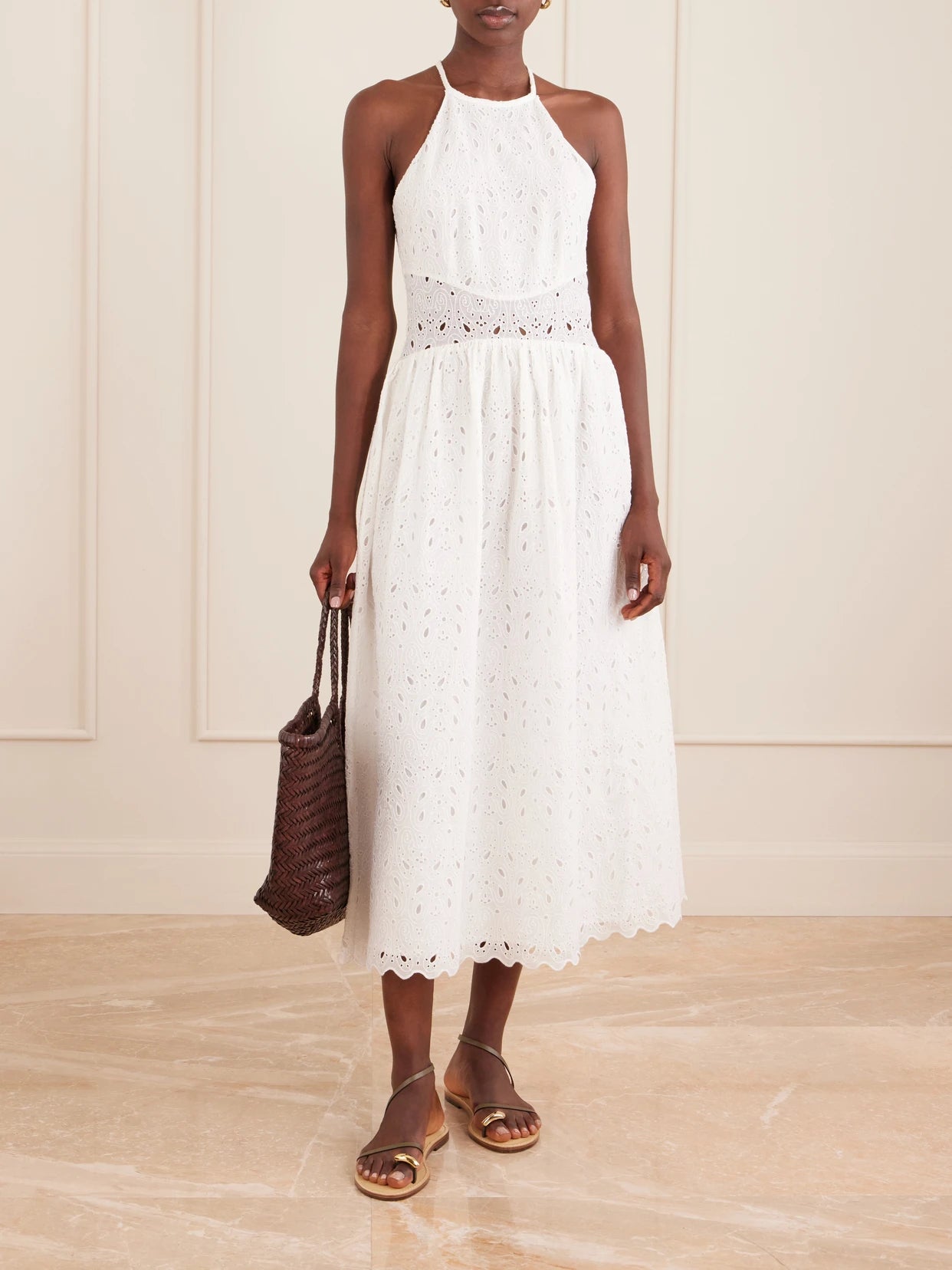 Image of Dresses. Product name - Scalloped Broderie Anglaise Ramie Halterneck Midi Dress in White colour by brand - FRAME