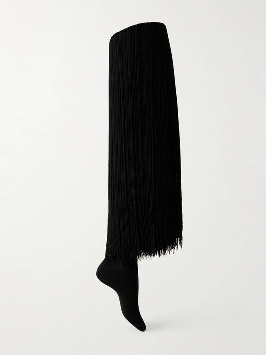 Image of Lingerie. Product name - Fringed Knit High Socks in Black colour by brand - Alaïa