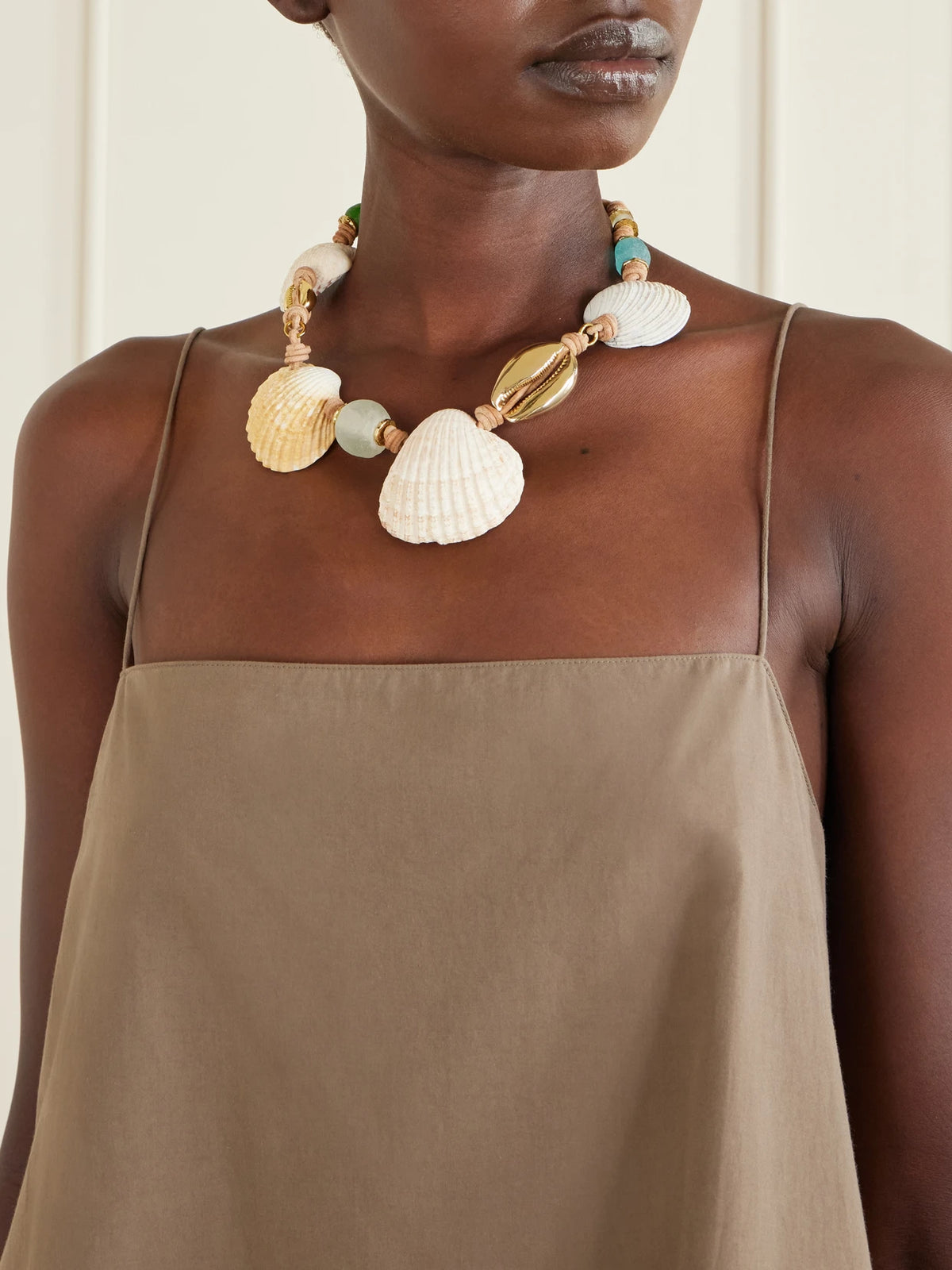 Image of Necklaces. Product name - Samsara Gold-plated, Leather And Seashell Beaded Necklace in Multi colour by brand - Tohum
