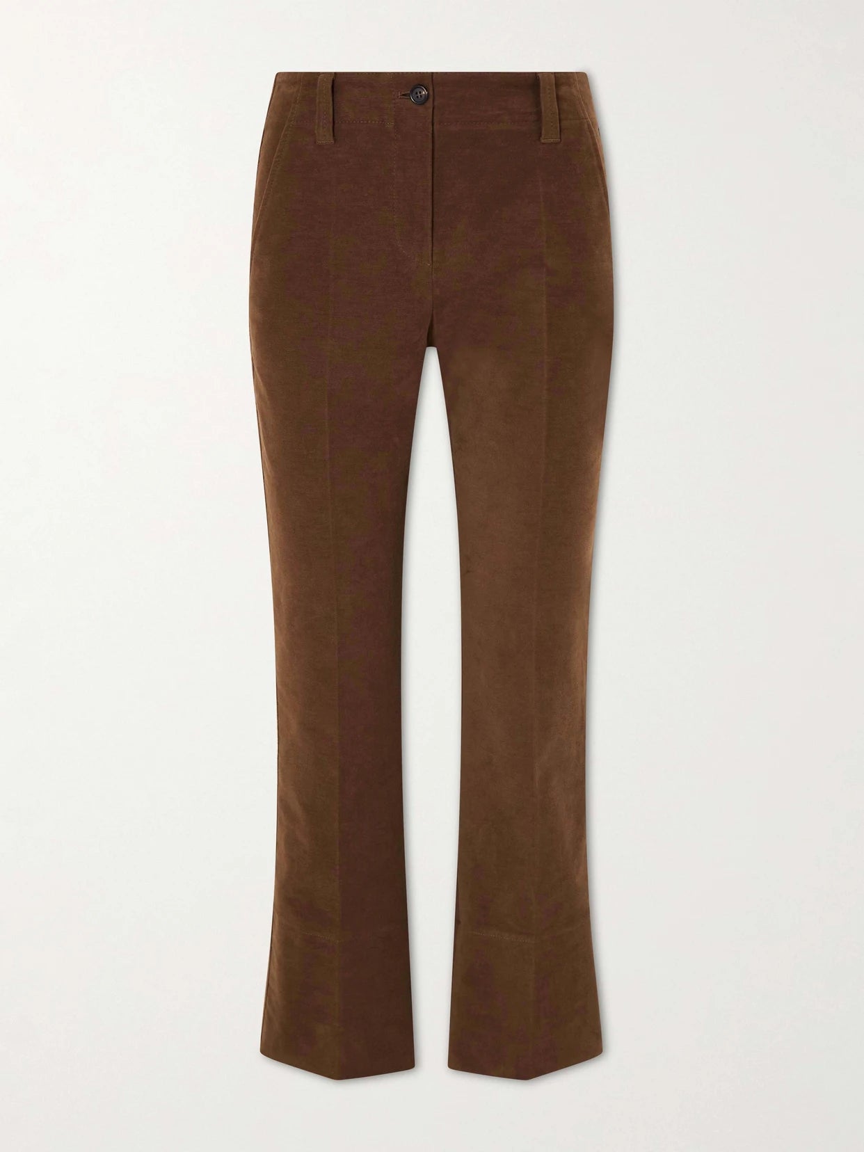 Image of a model wearing Pants. Product name - Cropped Cotton-blend Flared Pants in Brown colour by brand - Brunello Cucinelli