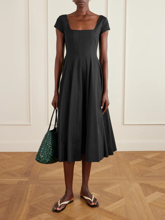 Image of Dresses. Product name - Wells Paneled Cotton-blend Poplin Midi Dress in Black colour by brand - STAUD