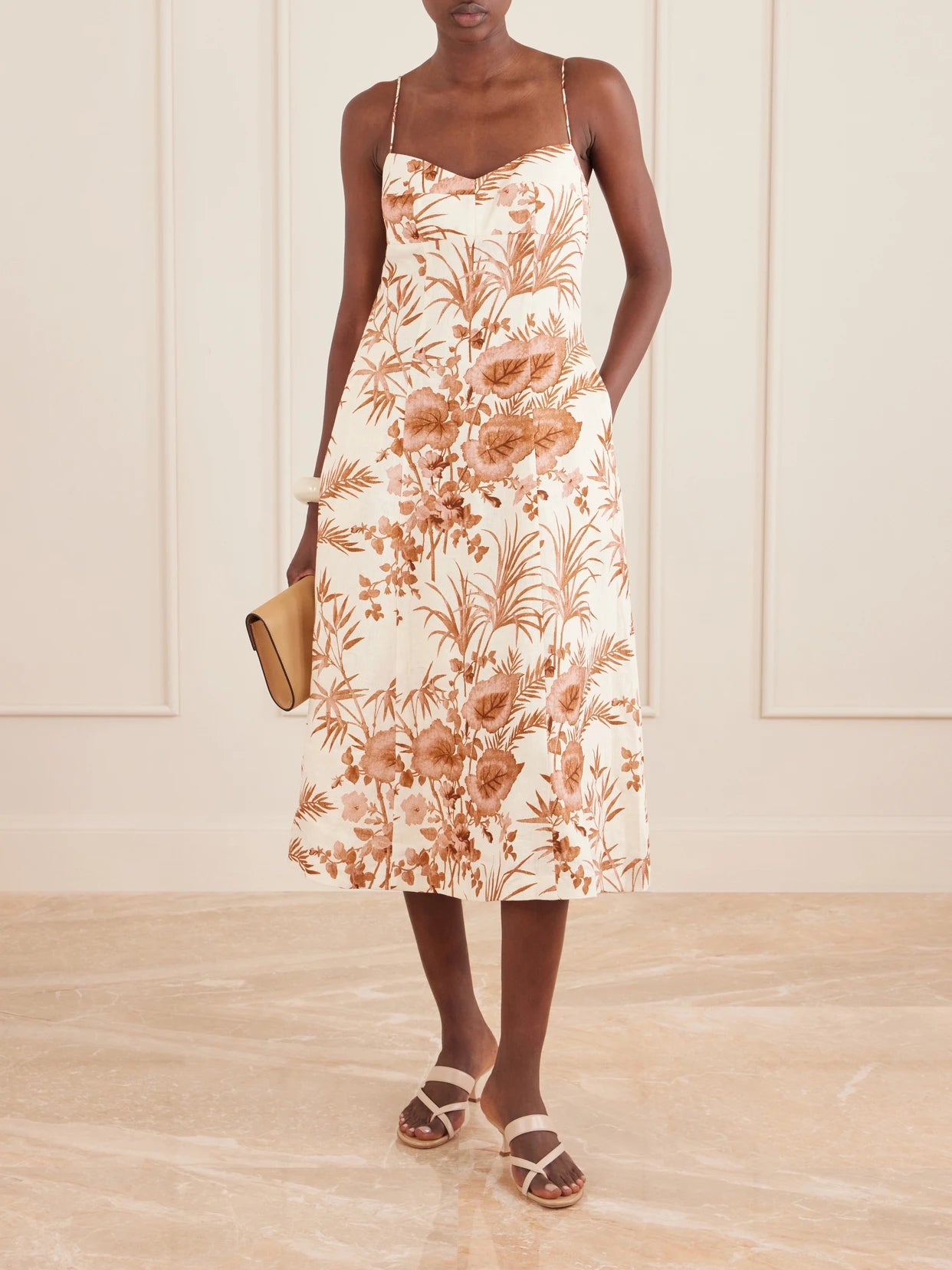 Image of Dresses. Product name - Cherry Floral-print Linen Midi Dress in Camel colour by brand - Cara Cara