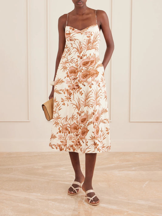 Image of Dresses. Product name - Cherry Floral-print Linen Midi Dress in Camel colour by brand - Cara Cara