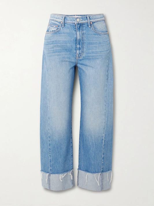 Image of Jeans. Product name - The Half Pipe Ankle Cuff Fray High-rise Wide-leg Jeans in Blue colour by brand - Mother