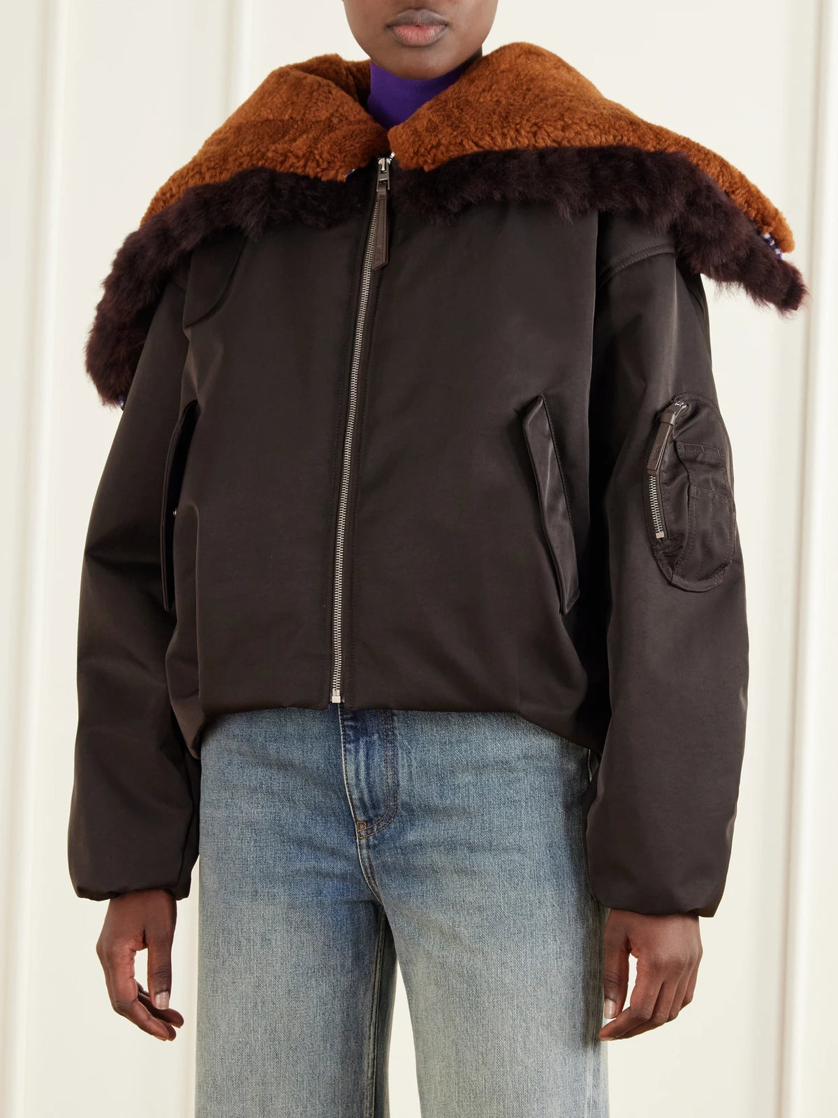 LOEWE Gathered Shearling And Twill-trimmed Shell Bomber Jacket