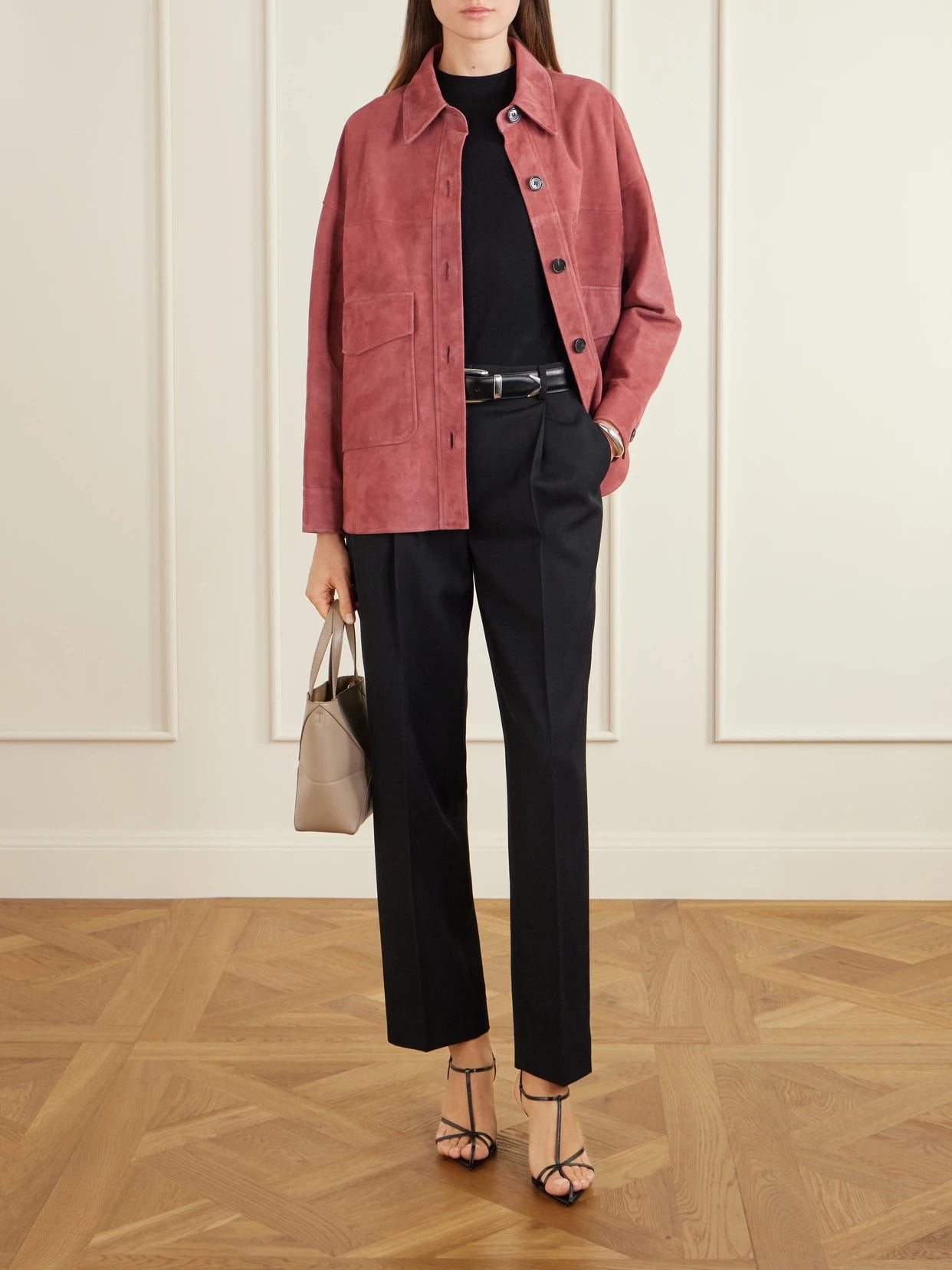 Image of Coats & Jackets. Product name - Kaylee Paneled Suede Jacket in Pink colour by brand - ARMA