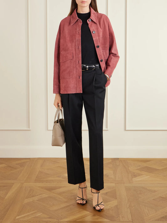 Image of Coats & Jackets. Product name - Kaylee Paneled Suede Jacket in Pink colour by brand - ARMA