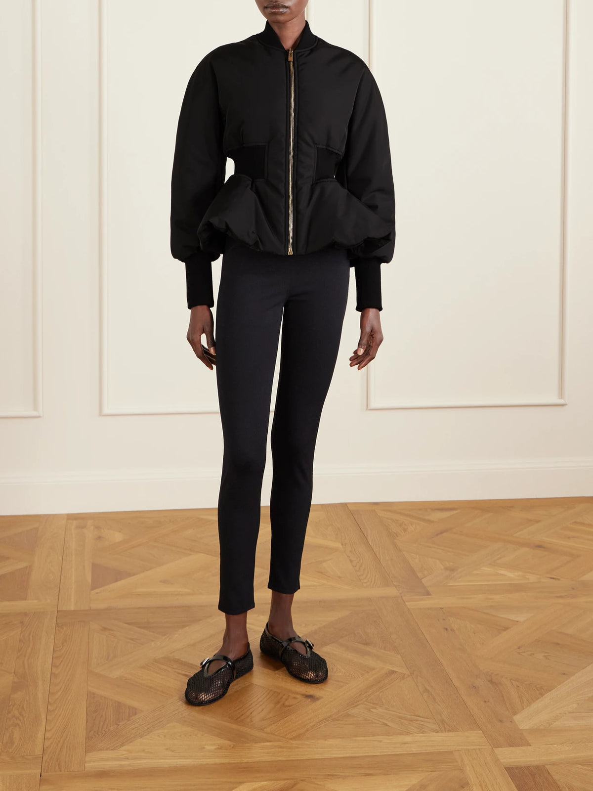 Image of Coats & Jackets. Product name - Peplum Shell Bomber Jacket in Black colour by brand - Alaïa