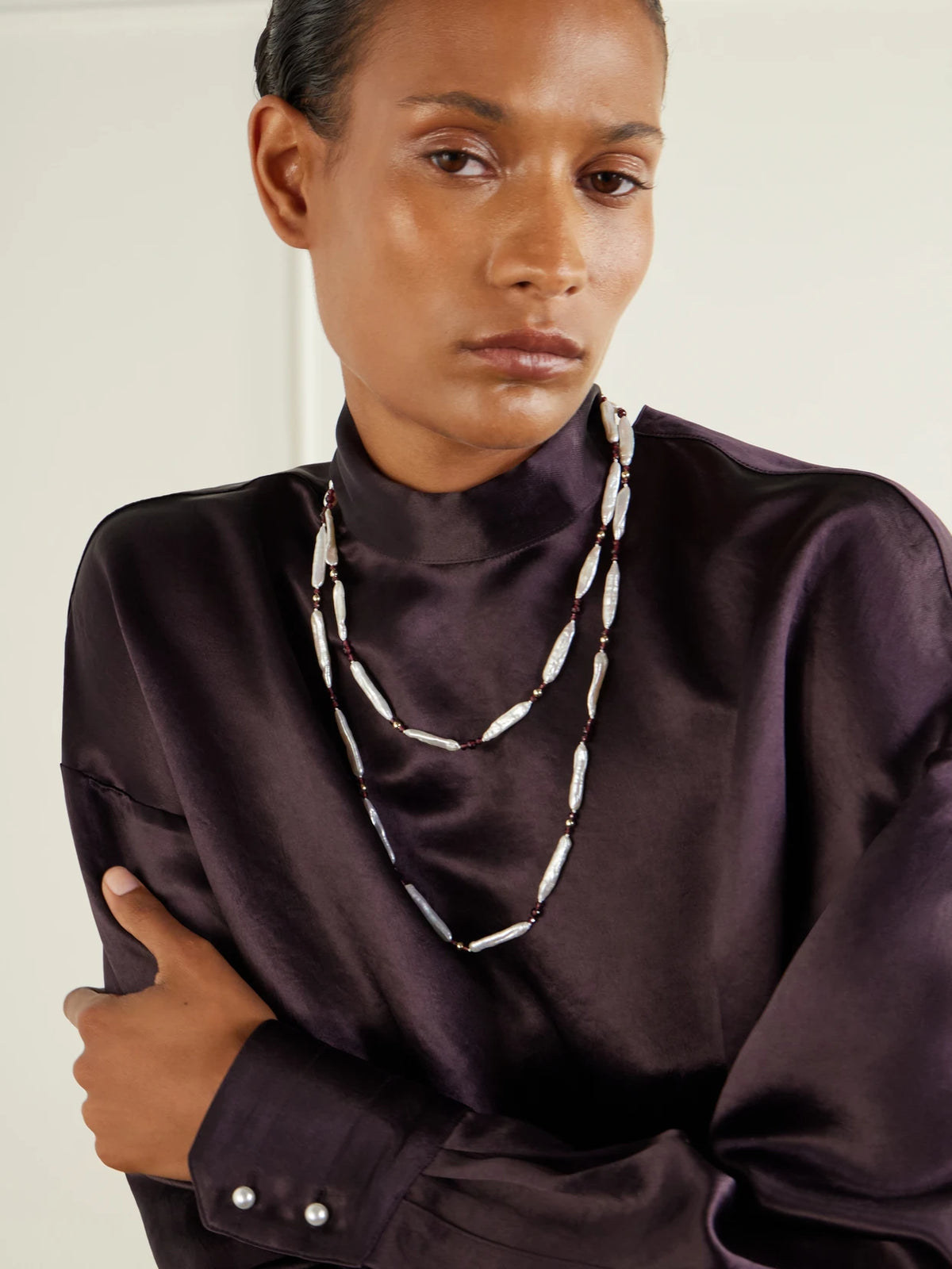 Image of Necklaces. Product name - Silver-toned Fresh Water Pearls And Garnet Beaded Neckalce in Ivory colour by brand - Le Sundial