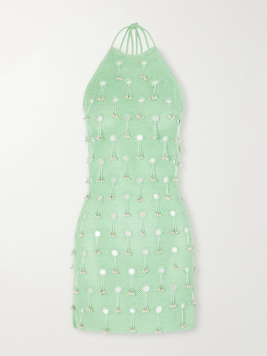 Yoshita 1967 Lilian Embellished Cotton Crochet-knit Halterneck Mini Dress