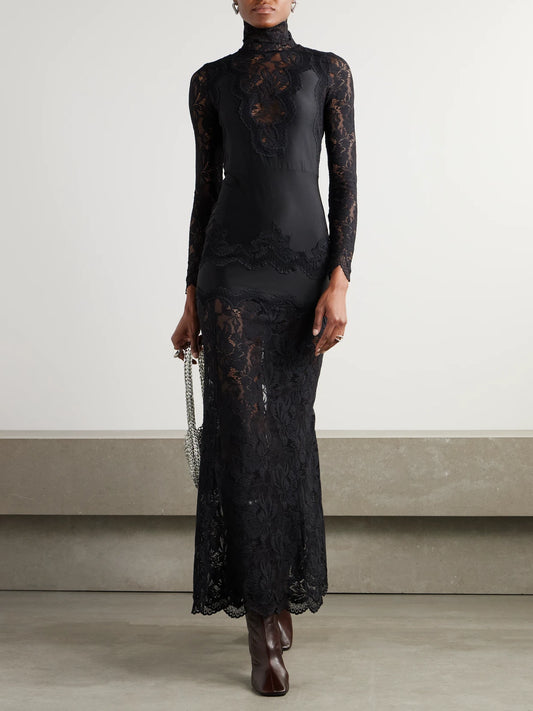 Image of Dresses. Product name - Lace-trimmed Silk-satin Maxi Dress in Black colour by brand - RABANNE