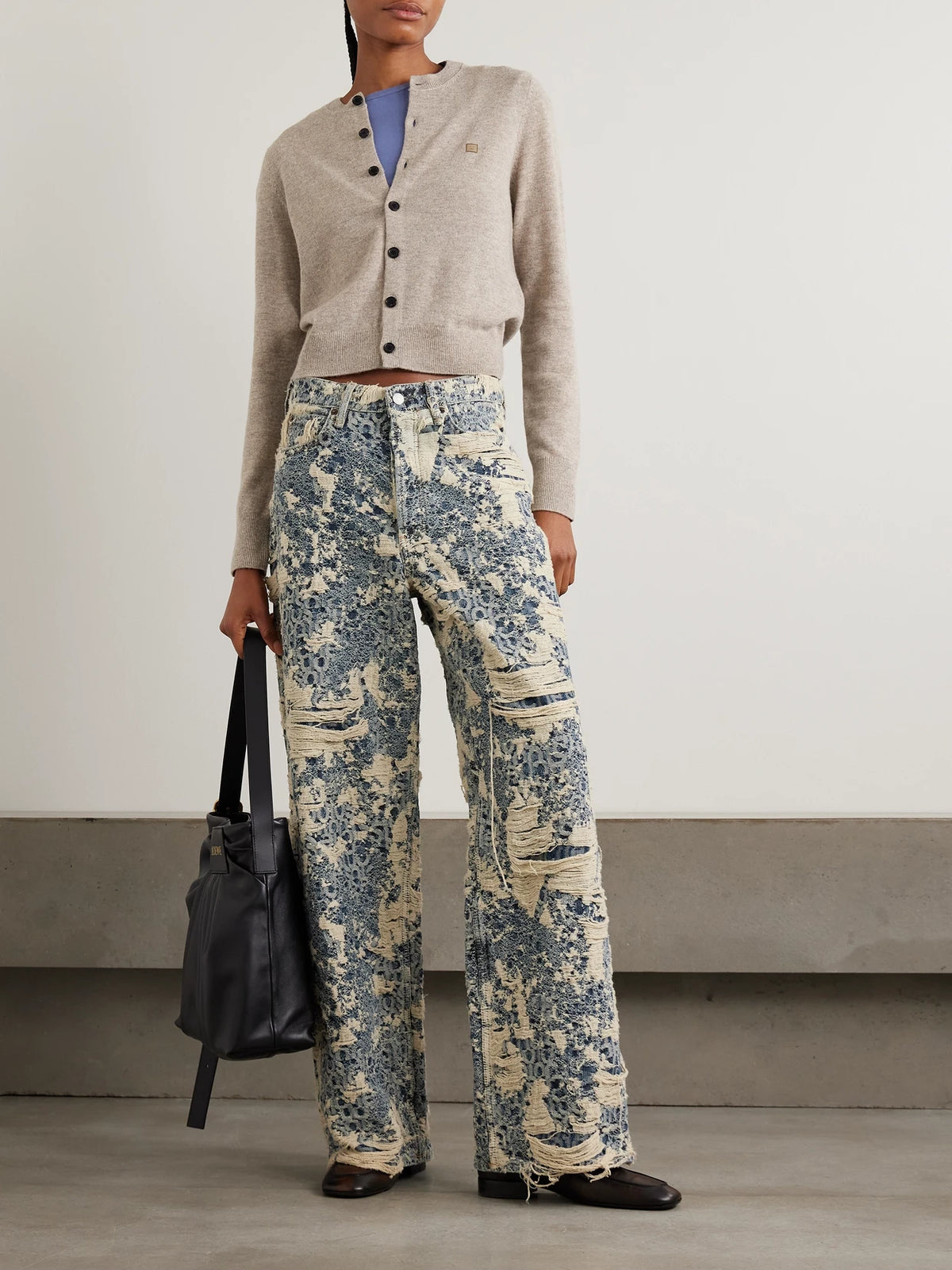 Image of a model wearing Outerwear. Product name - Appliquéd Wool And Yak Hair-blend Cardigan in Beige colour by brand - Acne Studios